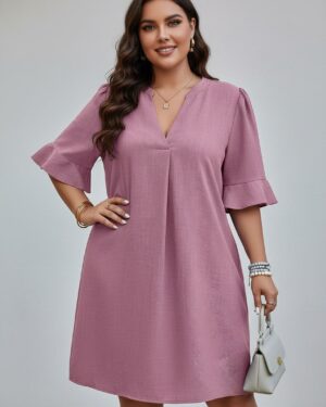 V-Neck Ruffle Short Sleeve Dress pe NEW