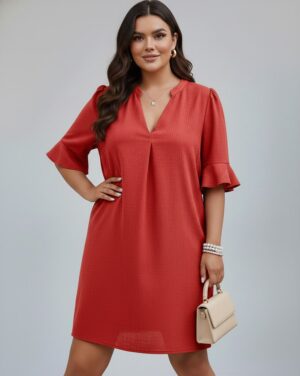 V-Neck Ruffle Short Sleeve Dress rd NEW