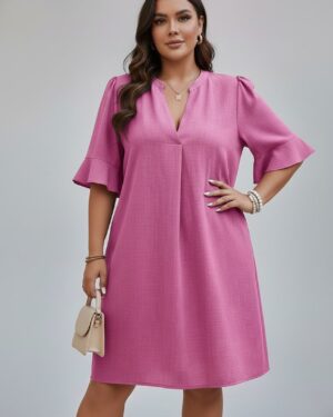 V-Neck Ruffle Short Sleeve Dress pn New
