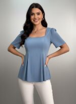 Lovshy Fashionable Blue Peplum Top With Criss Cross Back