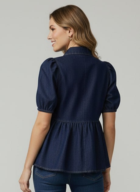 Lovshy Women Denim Peplum Top with Puff Sleeves - Image 3