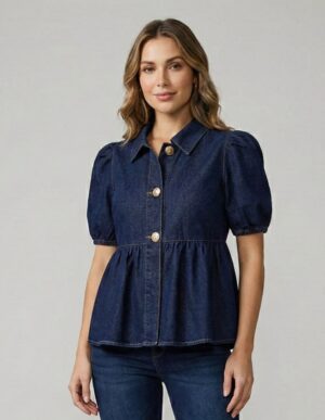 Lovshy Women Denim Peplum Top with Puff Sleeves