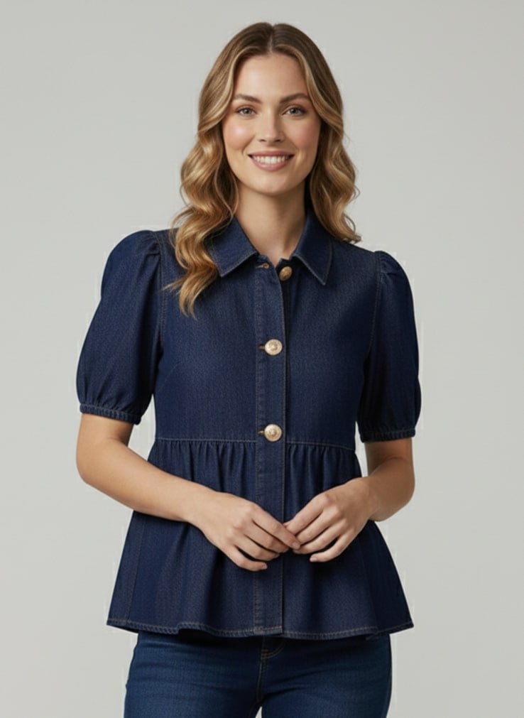 Lovshy Women Denim Peplum Top with Puff Sleeves - Image 2
