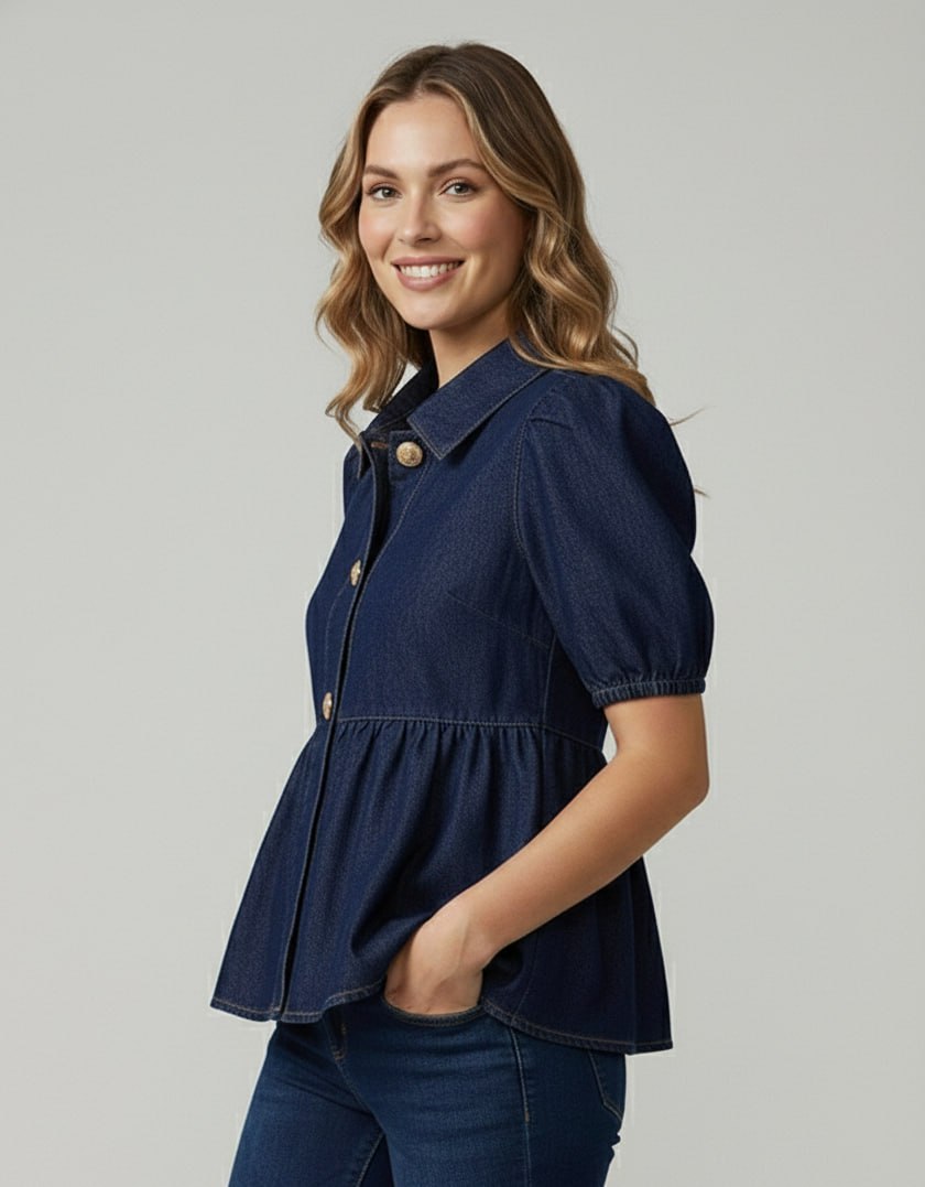 Lovshy Women Denim Peplum Top with Puff Sleeves - Image 4