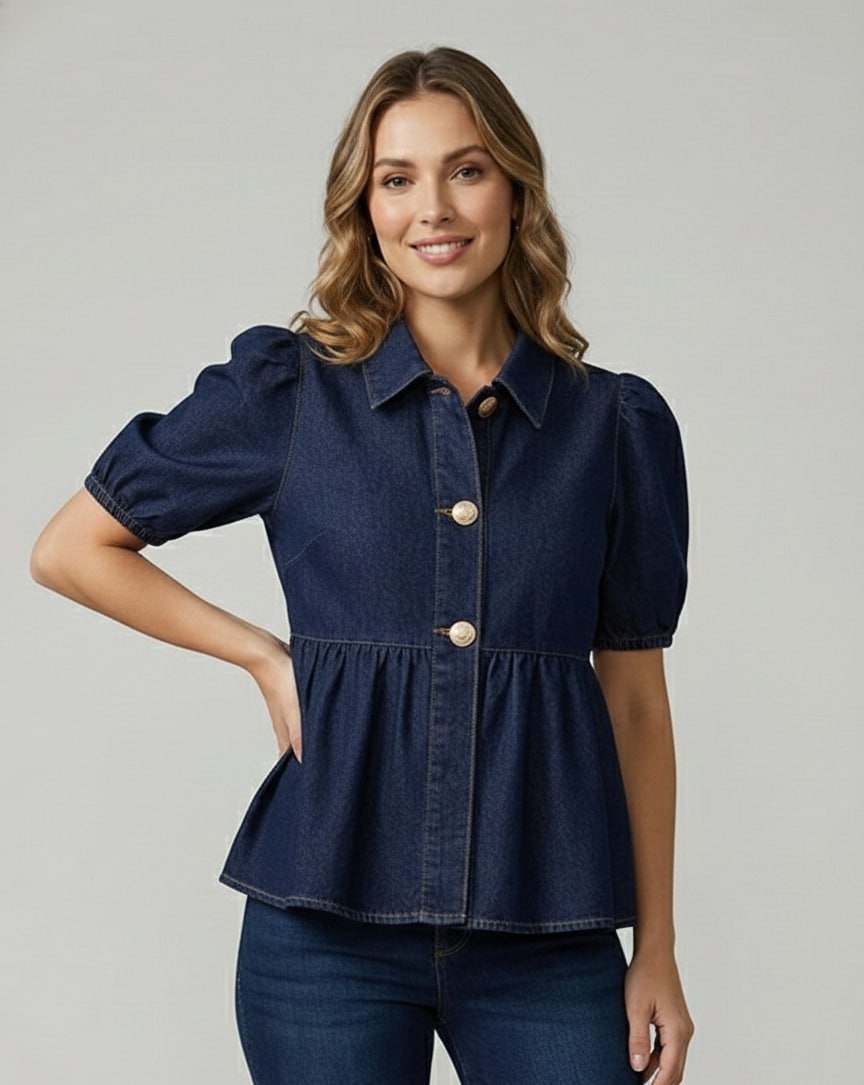 Lovshy Women Denim Peplum Top with Puff Sleeves - Image 5