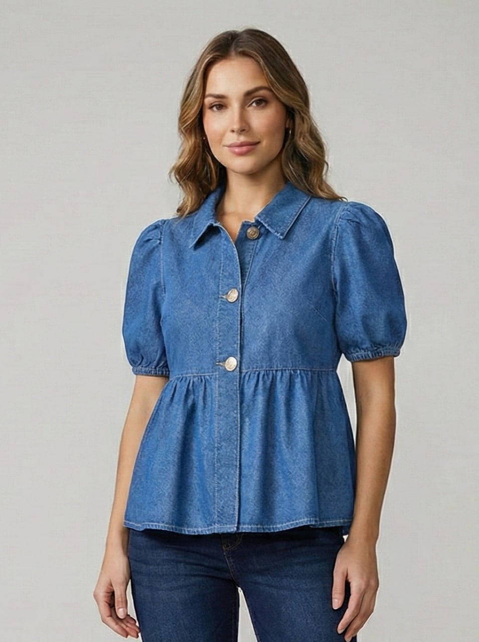 Lovshy Women Denim Peplum Top with Puff Sleeves - Image 6