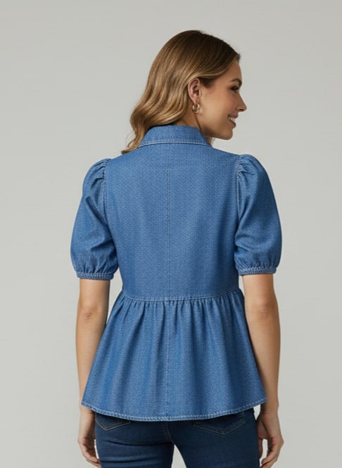 Lovshy Women Denim Peplum Top with Puff Sleeves - Image 7