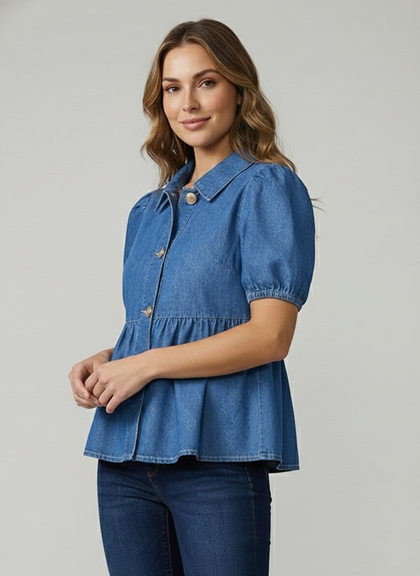 Lovshy Women Denim Peplum Top with Puff Sleeves - Image 11