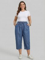 Lovshy Women Stylish Denim Culotte Pants with Elastic Waist