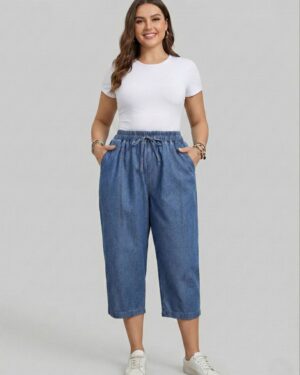 Lovshy Women Stylish Denim Culotte Pants with Elastic Waist