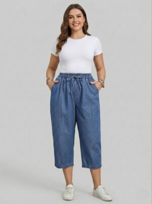 Lovshy Women Stylish Denim Culotte Pants with Elastic Waist