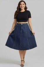 Lovshy Stylish Blue Denim High Waist Flared Skirt