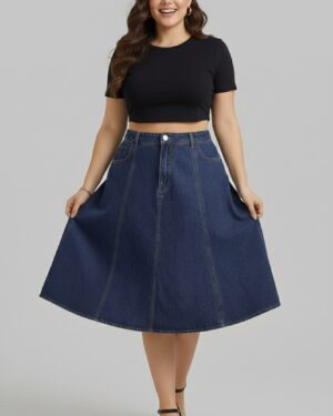 Lovshy Stylish Blue Denim High Waist Flared Skirt