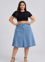 Lovshy Stylish Blue Denim High Waist Flared Skirt lw