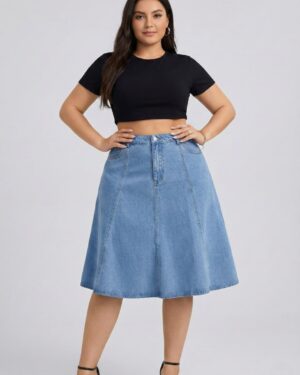 Lovshy Stylish Blue Denim High Waist Flared Skirt lw