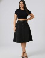 Lovshy Stylish Blue Denim High Waist Flared Skirt db