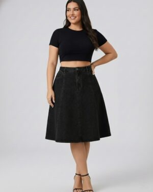 Lovshy Stylish Blue Denim High Waist Flared Skirt db