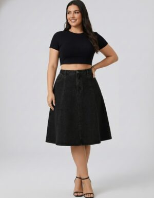 Lovshy Stylish Blue Denim High Waist Flared Skirt db