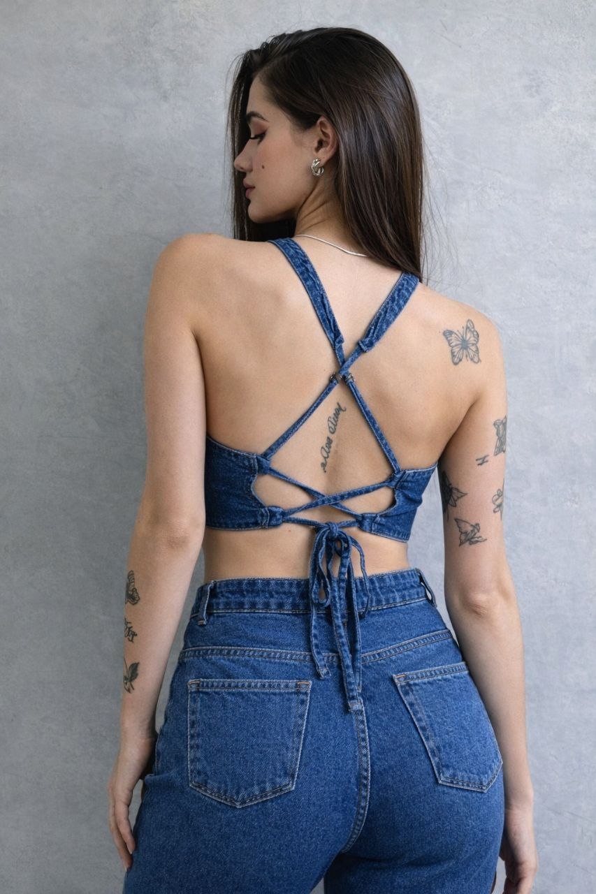 Lovshy Denim Lace-Up Back Crop Top - Image 4