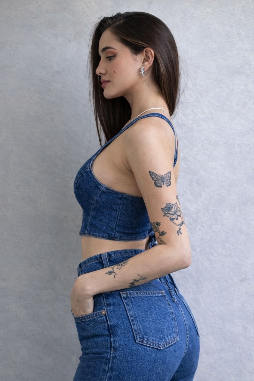 Lovshy Denim Lace-Up Back Crop Top - Image 5