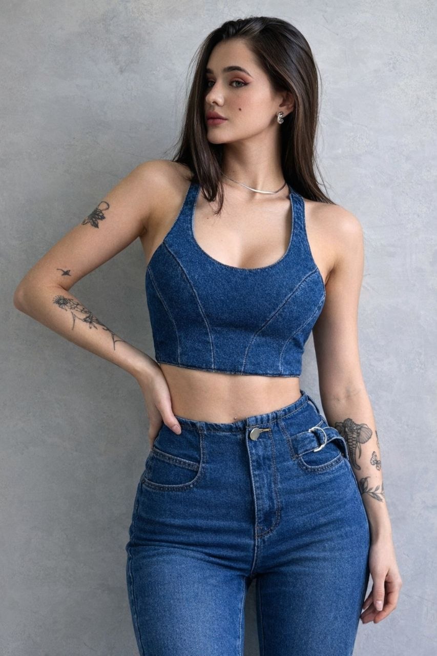 Lovshy Denim Lace-Up Back Crop Top - Image 2