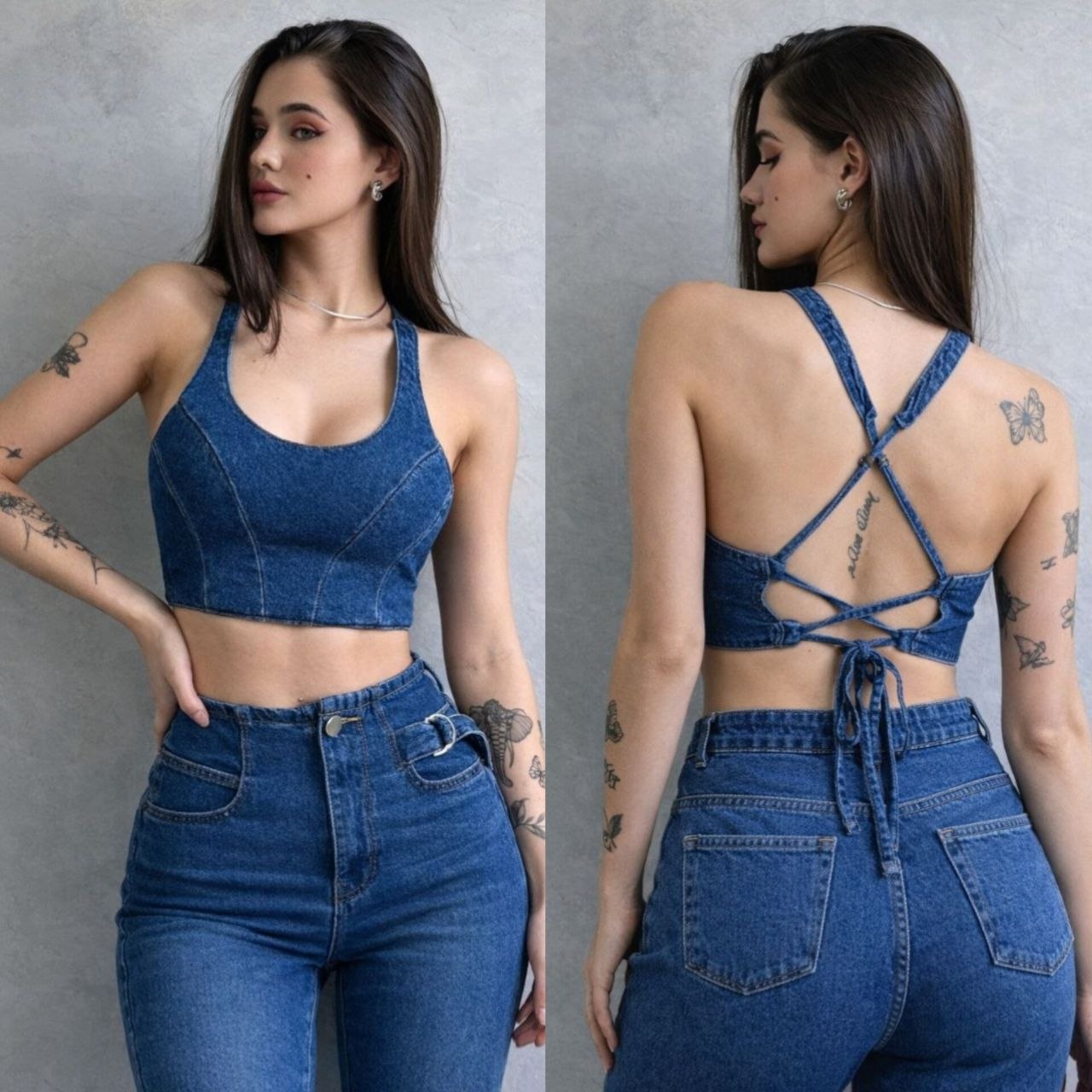 Lovshy Denim Lace-Up Back Crop Top