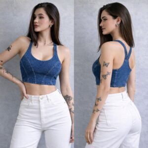 Lovshy Denim Lace-Up Back Crop Top