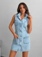Lovshy Stylish Collared Denim Bodycon Dress