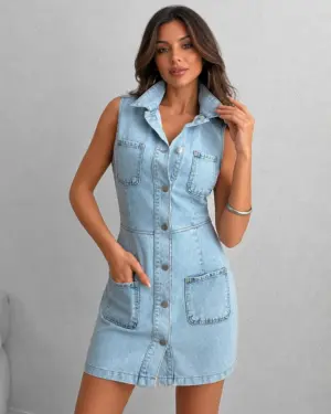 Lovshy Stylish Collared Denim Bodycon Dress