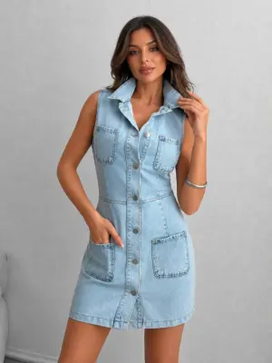 Lovshy Stylish Collared Denim Bodycon Dress