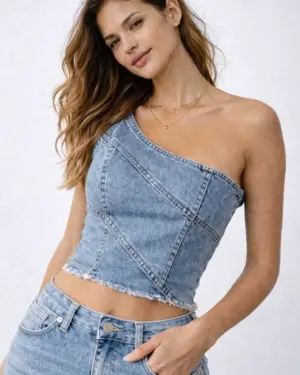 One Shoulder Denim Crop Top – Back Zip Bodycon Corset