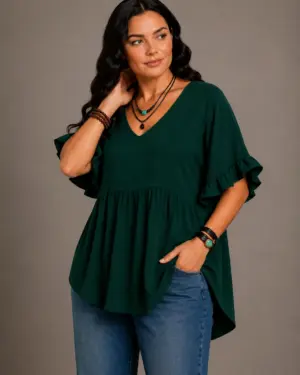 Women's Solid Cotton V-Neck Ruffle Sleeve Top Gr