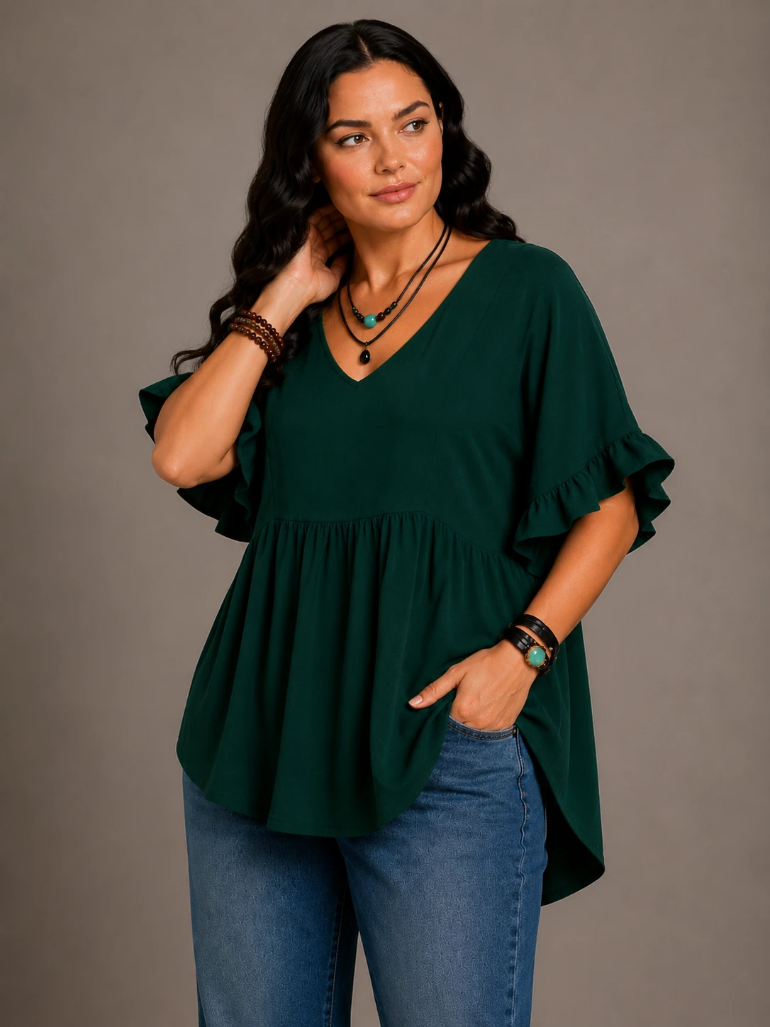 Women's Solid Cotton V-Neck Ruffle Sleeve Top - Image 7