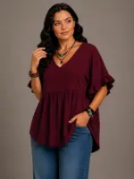Women's Solid Cotton V-Neck Ruffle Sleeve Top Mn