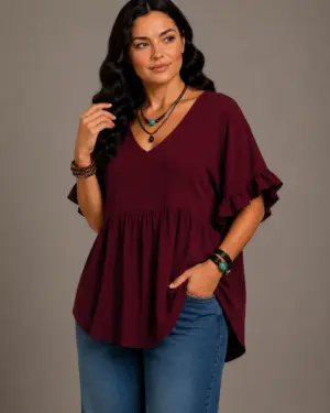 Women's Solid Cotton V-Neck Ruffle Sleeve Top Mn