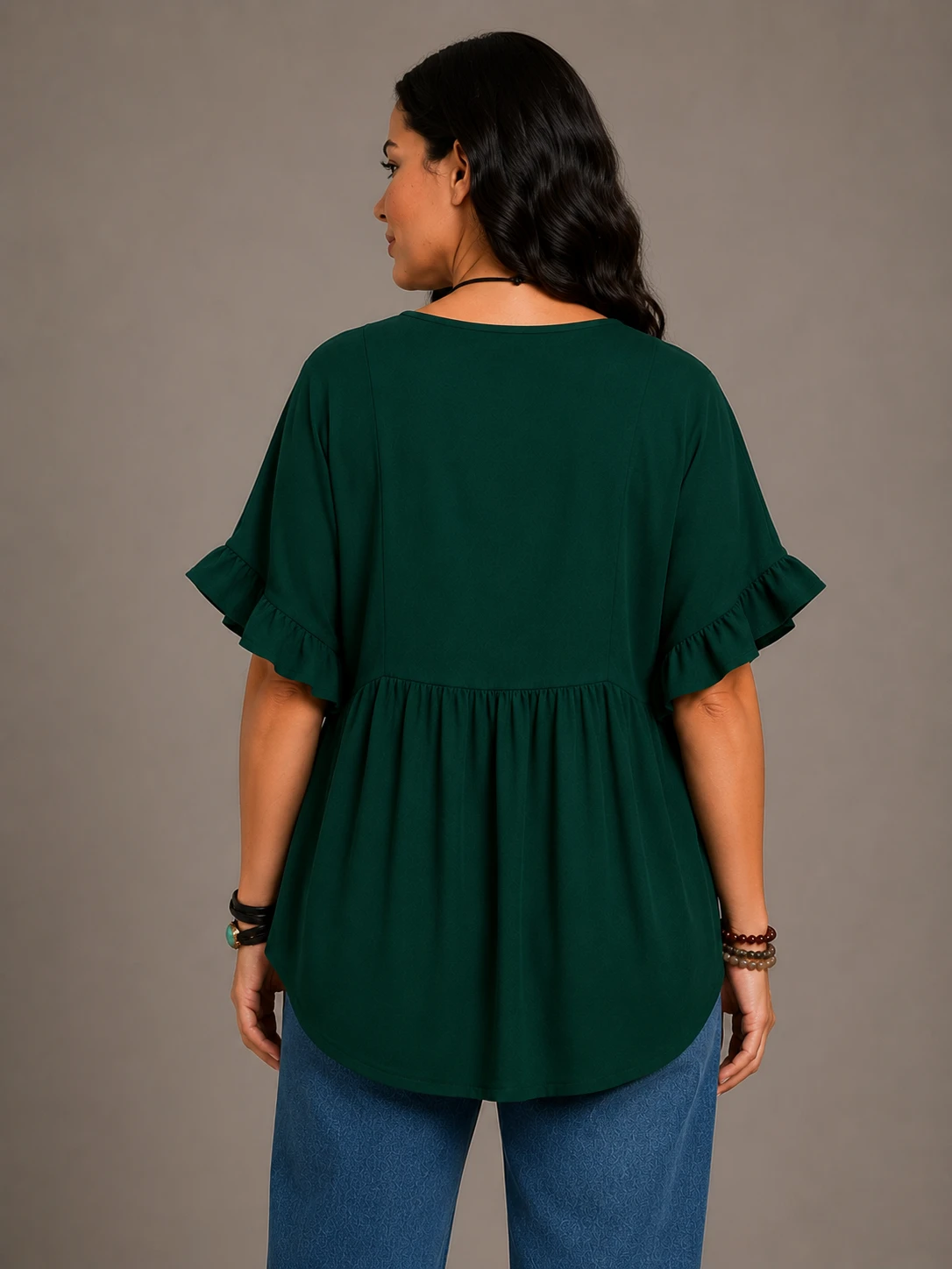 Women's Solid Cotton V-Neck Ruffle Sleeve Top - Image 4